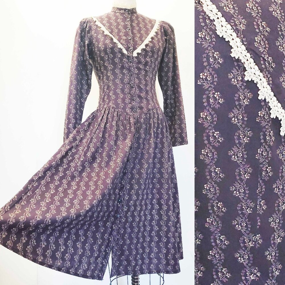 Vintage 70s Larry Parks Womens Prairie Boho Dress Brown Floral Print Lace Trim